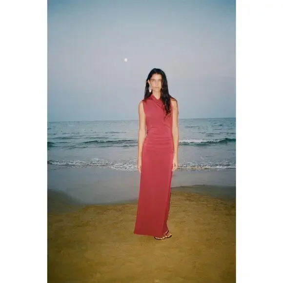 Zara Ruched Sleeveless Midi Dress Size M Medium Pink - Picture 8 of 8